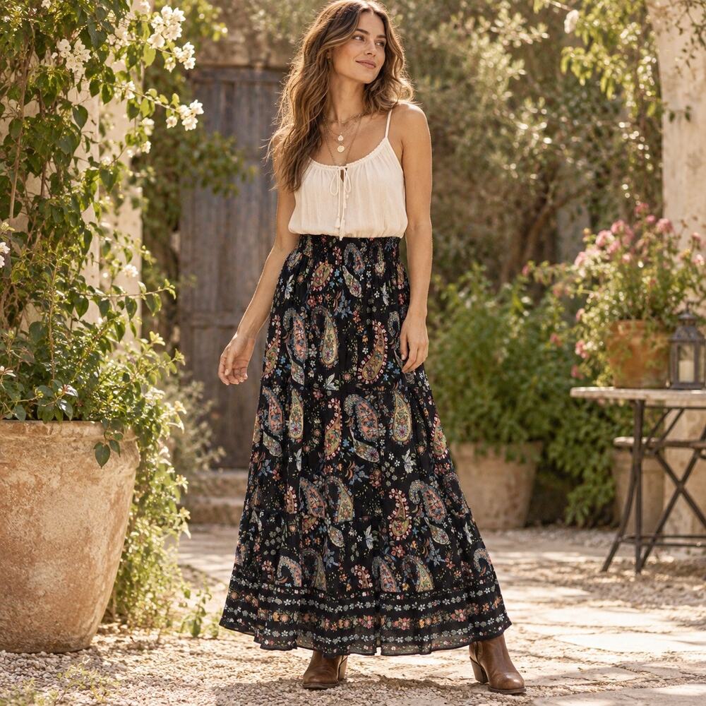Bila Black Paisley Multi Tiered Slit Elastic Waist Boho Whimsy Maxi Skirt Size L